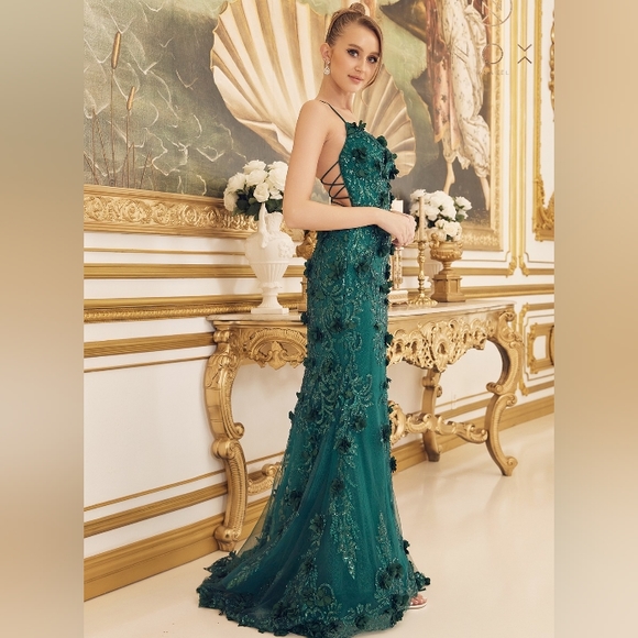 New long mermaid sequin floral floor length gown with lace up open back - Picture 5 of 8